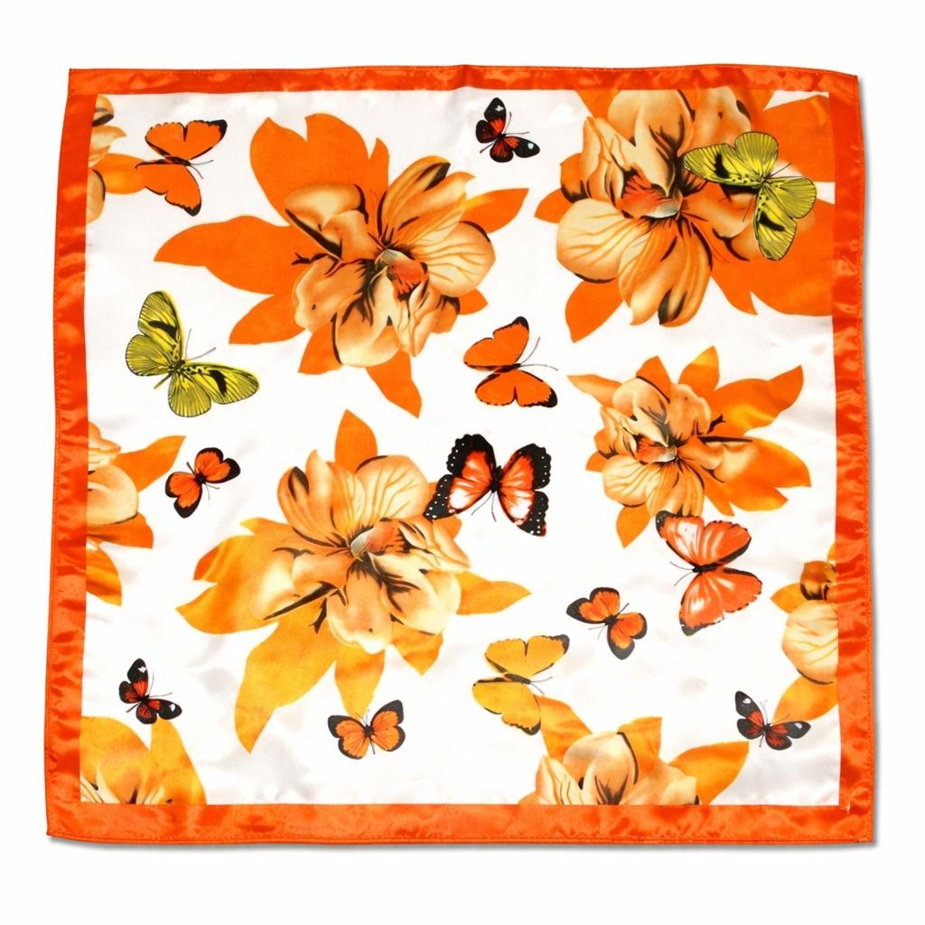 Orange Butterfly Floral Satin Scarf 20x20 Women's Hair Neck Head Scarf Autumn Butterfly Bloom Satin Square Scarf – 20 x 20