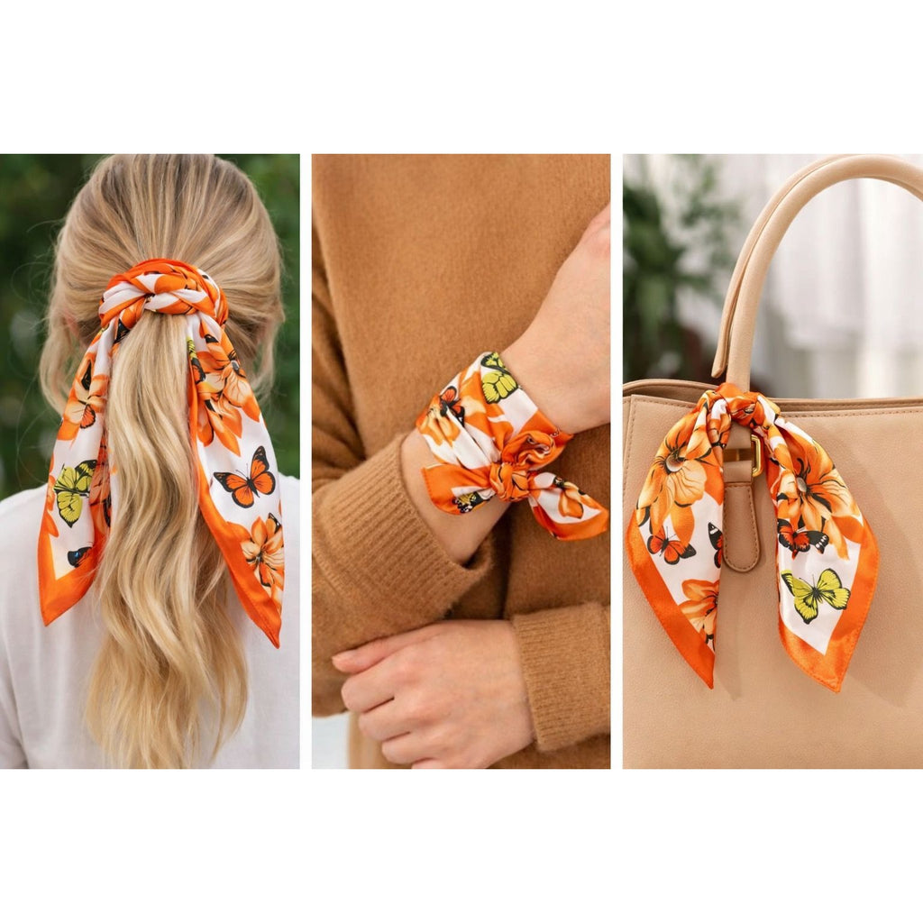 Orange Butterfly Floral Satin Scarf 20x20 Women's Hair Neck Head Scarf Autumn Butterfly Bloom Satin Square Scarf – 20 x 20