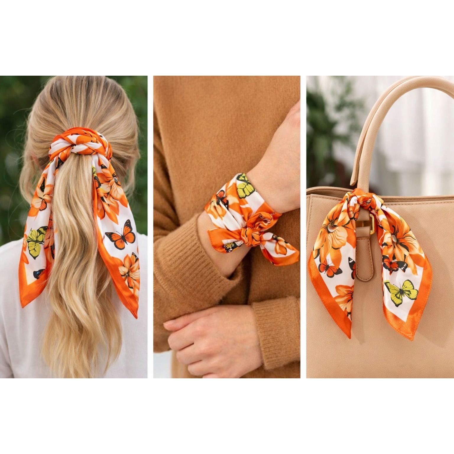 Orange Butterfly Floral Satin Scarf 20x20 Women's Hair Neck Head Scarf Autumn Butterfly Bloom Satin Square Scarf – 20 x 20