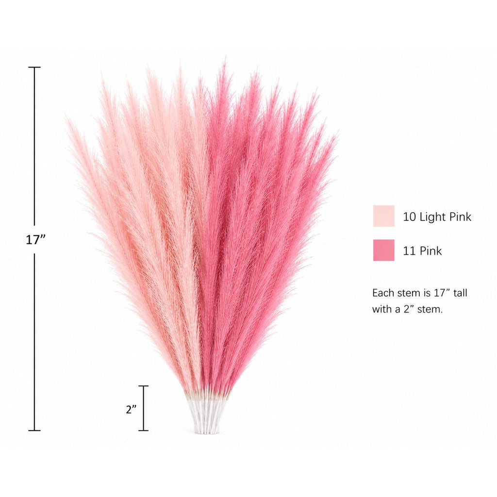 Pink pampas grass decorative bundle with two shades of pink shown on a white background, with measurement labels indicating 17 inches tall and a 2-inch stem base.