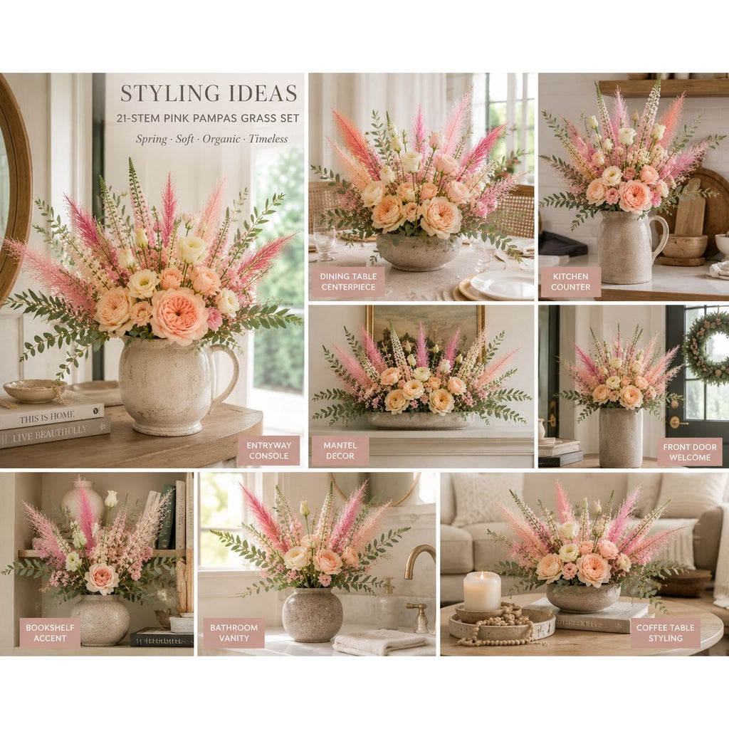 Artificial Pink Pampas Grass Filler Stems Set of 21 Wispy Faux Pampas Wedding Bouquet Vase Arrangement Blush Floral Decor 17 Inch