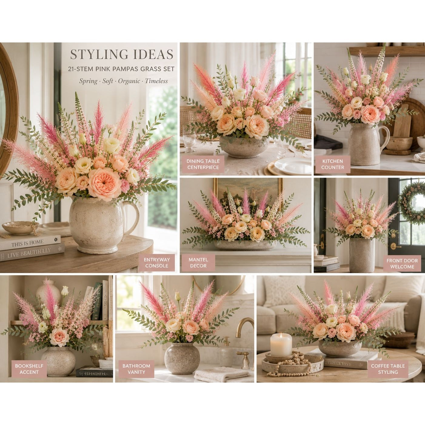 Artificial Pink Pampas Grass Filler Stems Set of 21 Wispy Faux Pampas Wedding Bouquet Vase Arrangement Blush Floral Decor 17 Inch