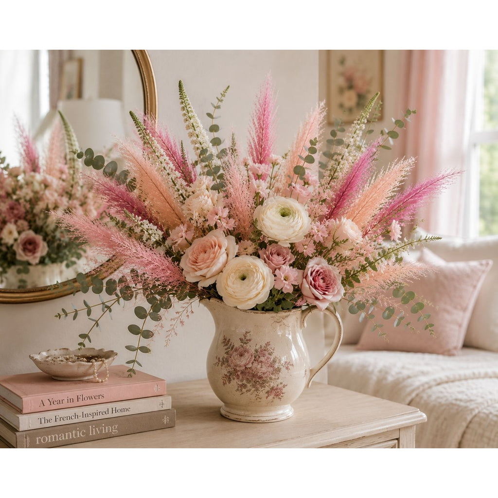 A large floral arrangement in a vintage-style floral pitcher vase, styled on a light wood table in a cozy, softly lit room with pink accents.