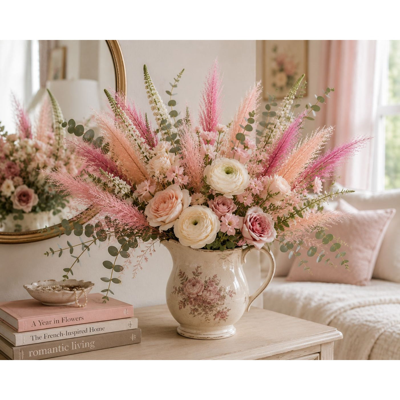 A large floral arrangement in a vintage-style floral pitcher vase, styled on a light wood table in a cozy, softly lit room with pink accents.