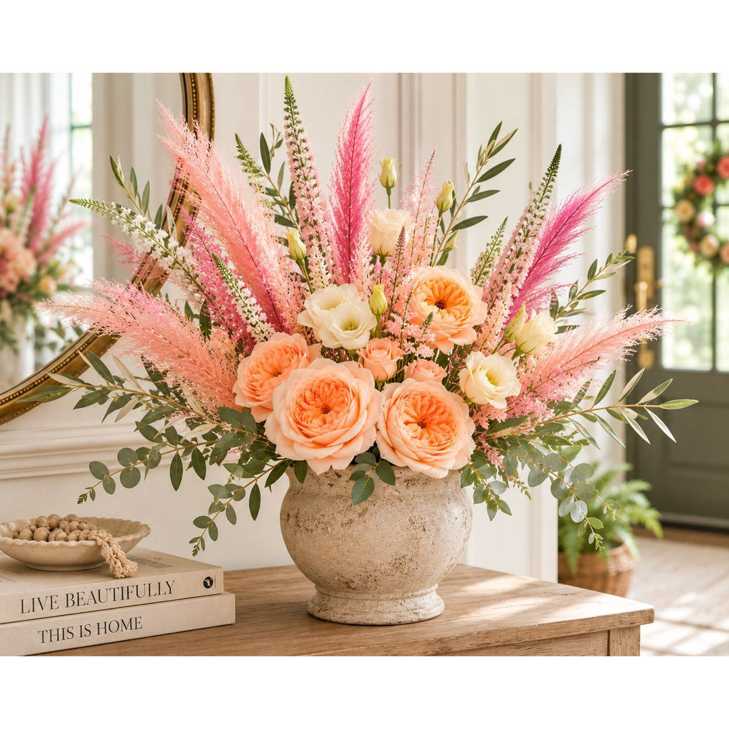 Artificial Pink Pampas Grass Filler Stems Set of 21 Wispy Faux Pampas Wedding Bouquet Vase Arrangement Blush Floral Decor 17 Inch