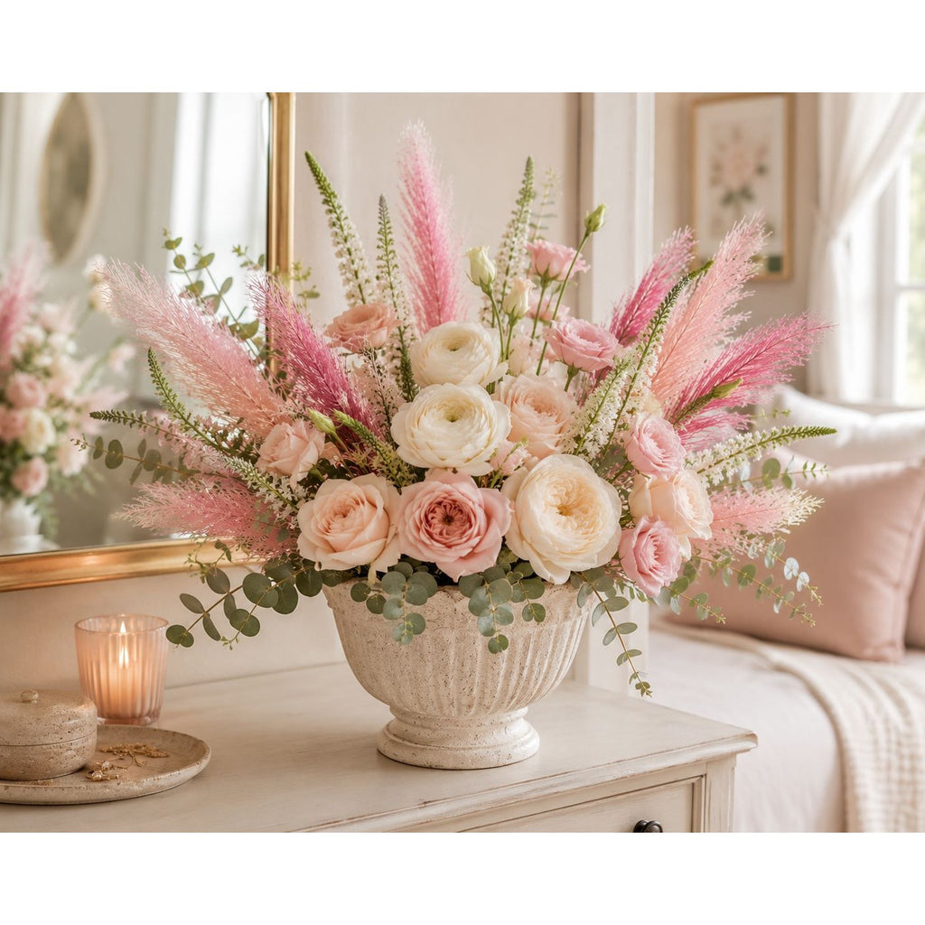 Artificial Pink Pampas Grass Filler Stems Set of 21 Wispy Faux Pampas Wedding Bouquet Vase Arrangement Blush Floral Decor 17 Inch