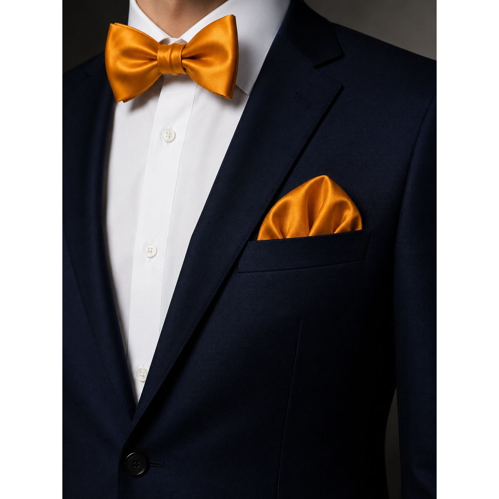 Navy suit with a yellow bow tie and pocket square on a white background
