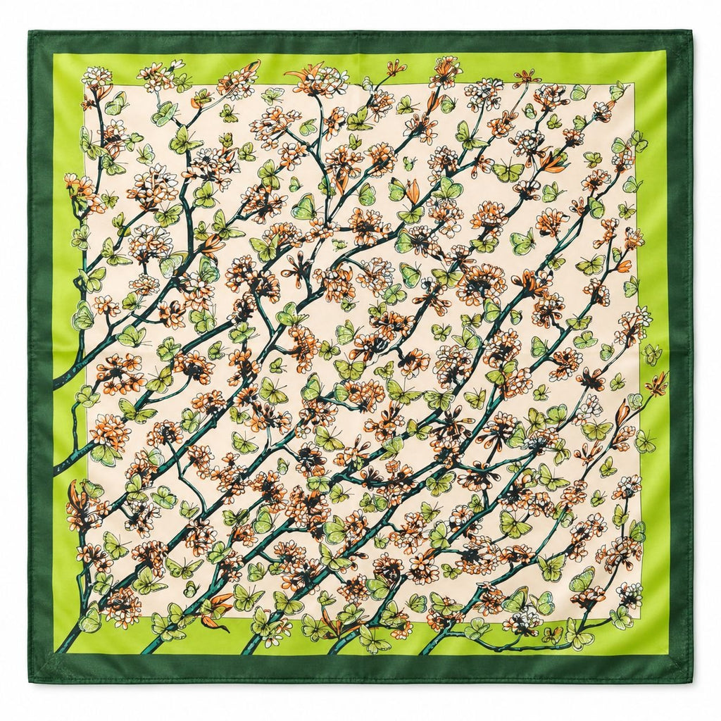 Green Cream Botanical Butterfly Satin Square Scarf 26x26 Polyester Floral