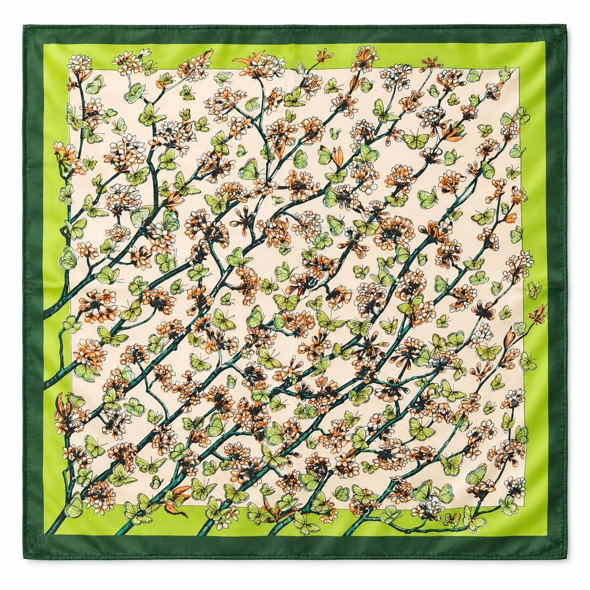 Green Cream Botanical Butterfly Satin Square Scarf 26x26 Polyester Floral