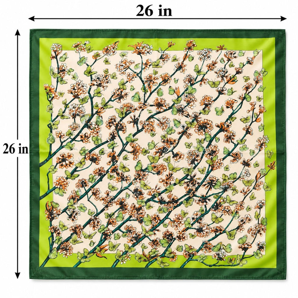 A square scarf with a floral branch pattern, shown flat with dimension markers indicating 26 inches on each side. The scarf features a cream background with brown blossoms, green leaves, and a bright lime green border with a dark green edge.