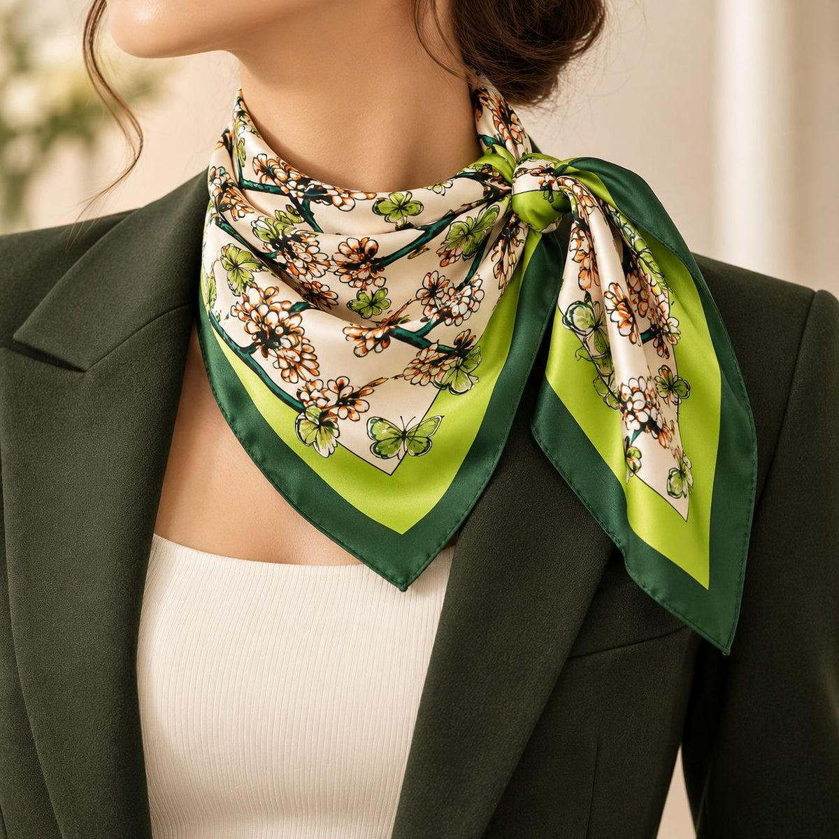 A close-up of a woman wearing a square silk scarf tied around her neck. The scarf has a cream background with a floral print in brown and green, a dark green border, and bright lime green corner panels.