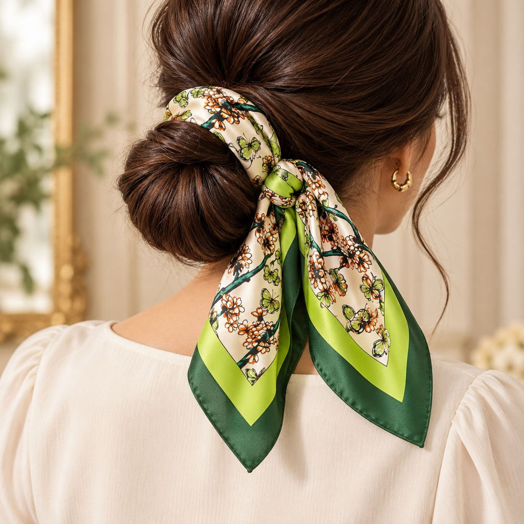 A woman shown from the back wearing a patterned silk scarf tied around her hair bun. The scarf features a cream background with green and brown floral motifs and dark green borders, styled in a lifestyle setting.