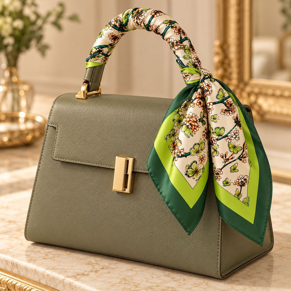 An olive green pebbled leather handbag with a gold-tone clasp and a decorative silk top handle wrapped in a green and cream floral scarf, displayed on a marble surface.