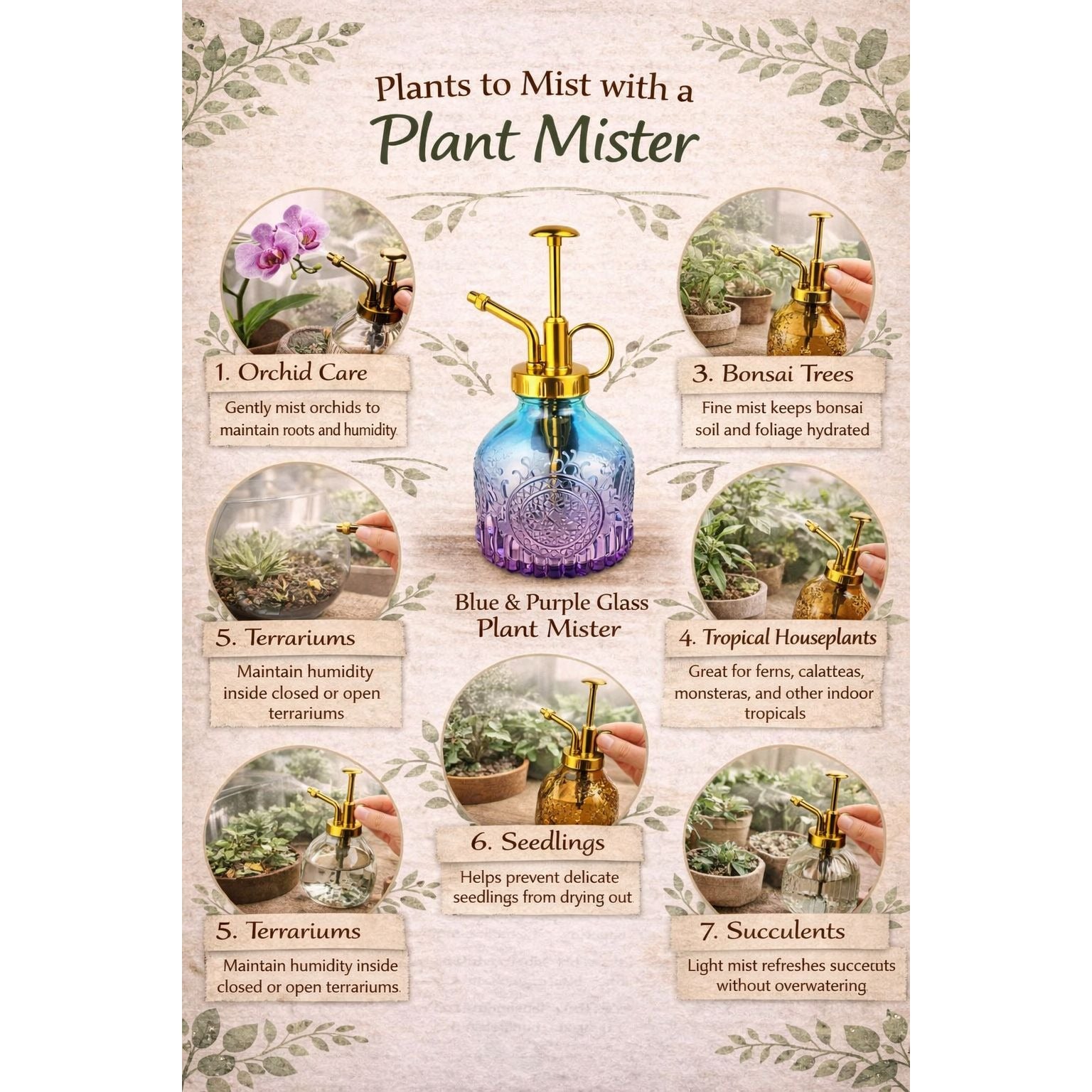 Blue Purple Glass Plant Mister Spray Bottle 6oz Orchid Bonsai Air Plant Mister