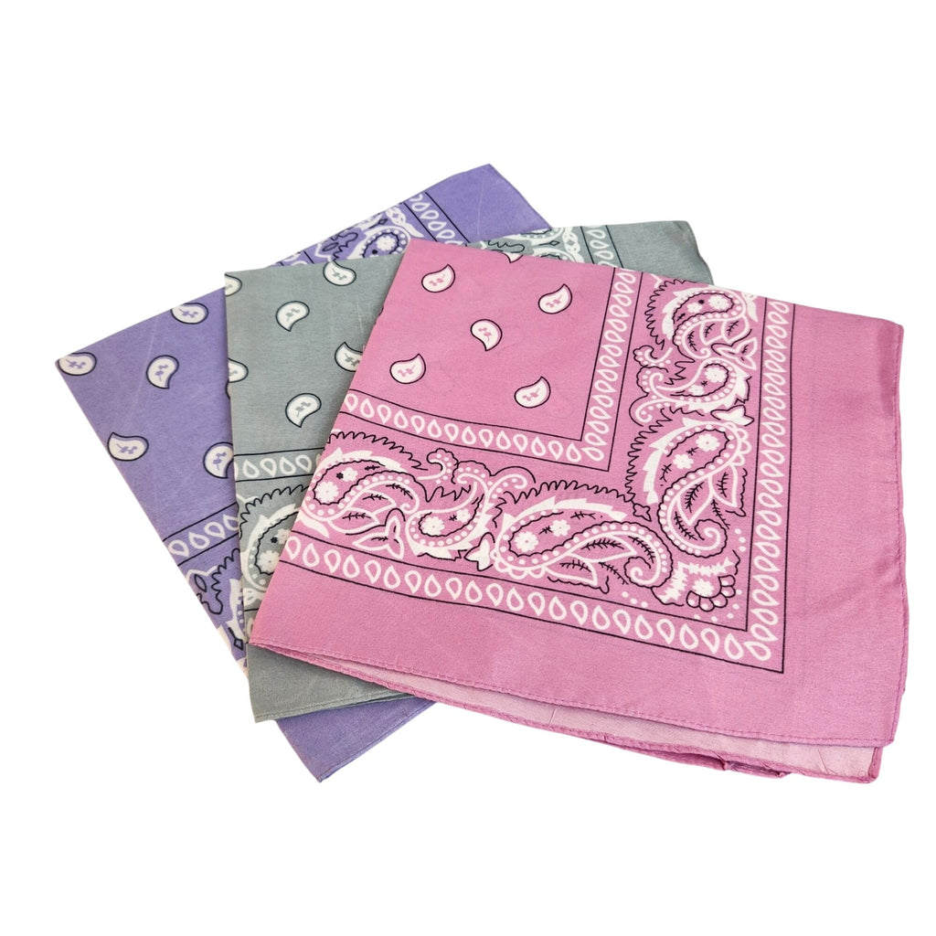 Bandanas 21x21" Western Cowboy Cowgirl - Pink Purple Gray Paisley Square Scarves 3 Pack