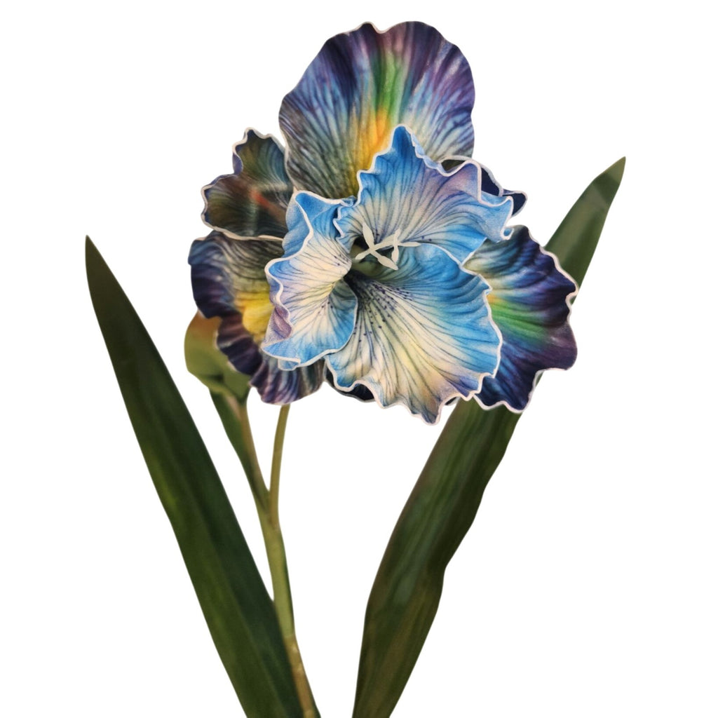 Artificial Iris Flower 33 Inch Tall Blue Faux Iris Stem Hand Painted Look Floral Decor
