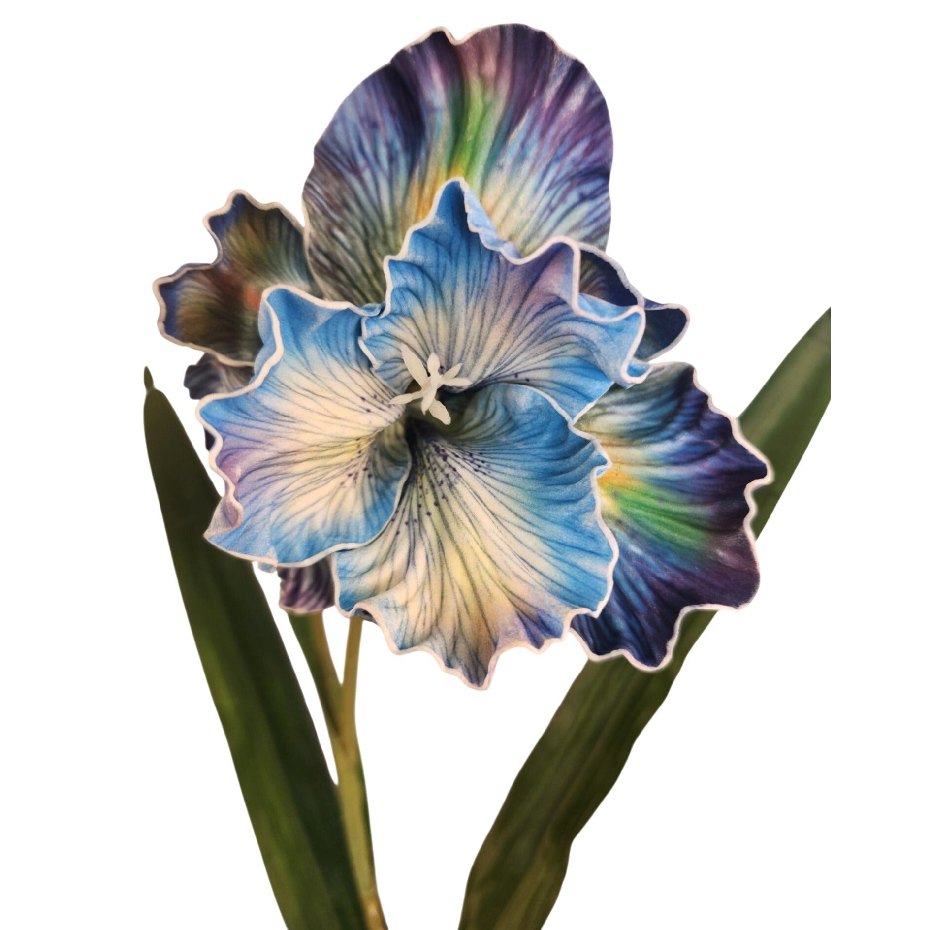 Artificial Iris Flower 33 Inch Tall Blue Faux Iris Stem Hand Painted Look Floral Decor