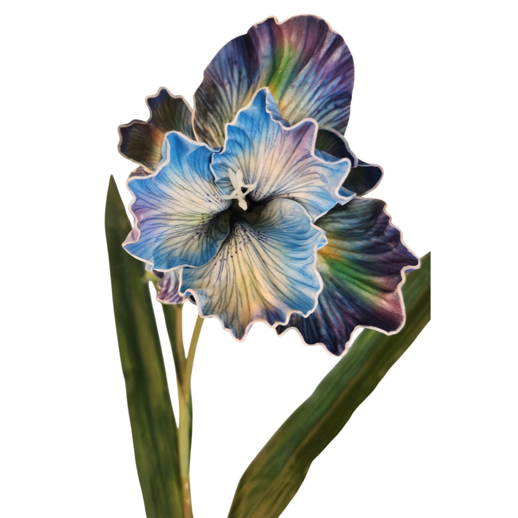 Artificial Iris Flower 33 Inch Tall Blue Faux Iris Stem Hand Painted Look Floral Decor
