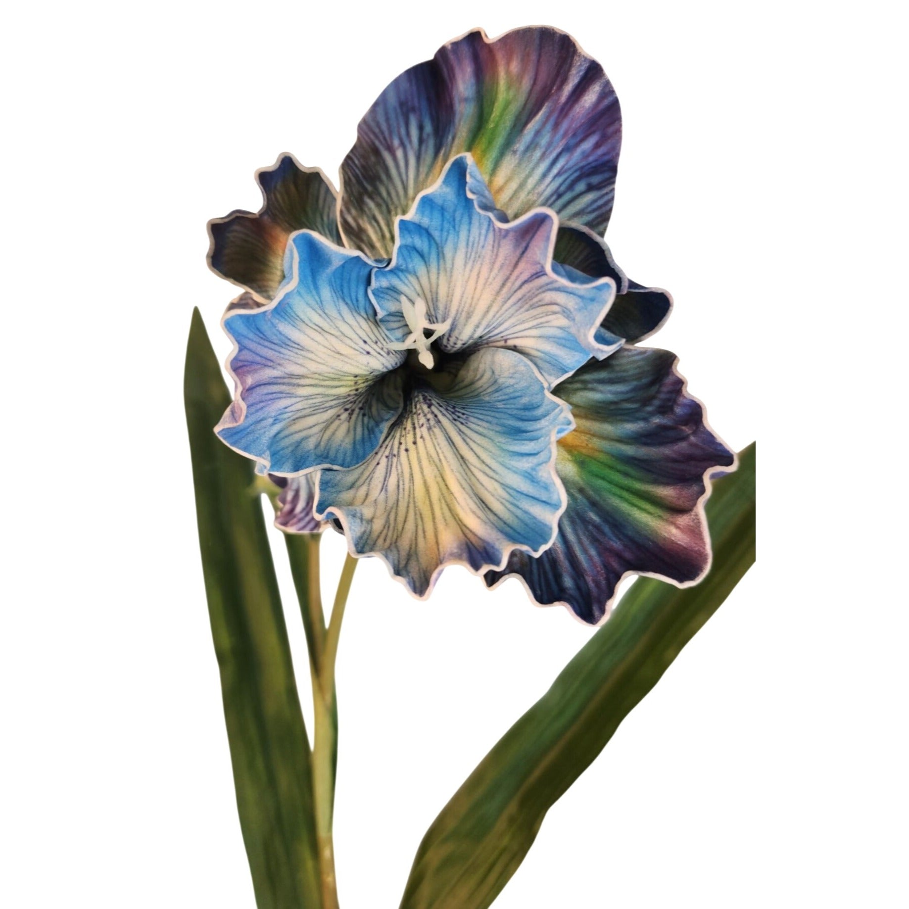 Artificial Iris Flower 33 Inch Tall Blue Faux Iris Stem Hand Painted Look Floral Decor