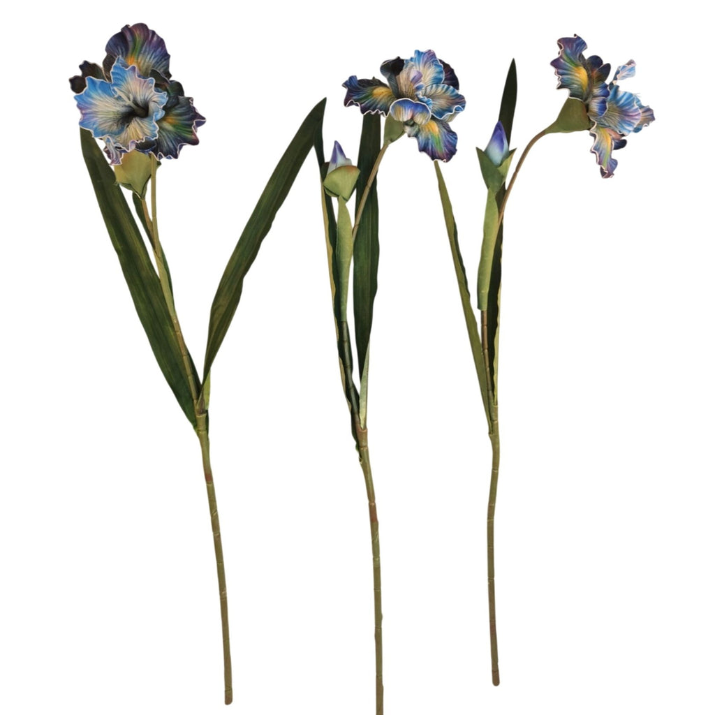 Artificial Iris Flower 33 Inch Tall Blue Faux Iris Stem Hand Painted Look Floral Decor