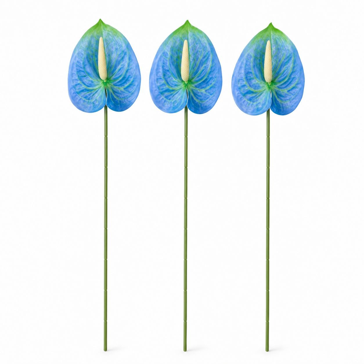 Three artificial blue anthurium flowers with green stems on a plain white background.
