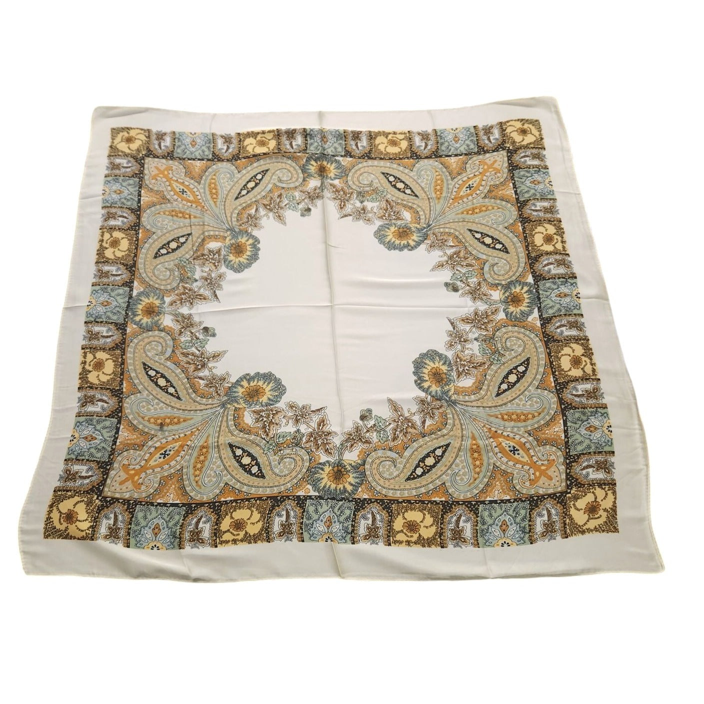 Paisley Floral Silk Scarf Ivory Multicolor Square 27" Elegant Accessory