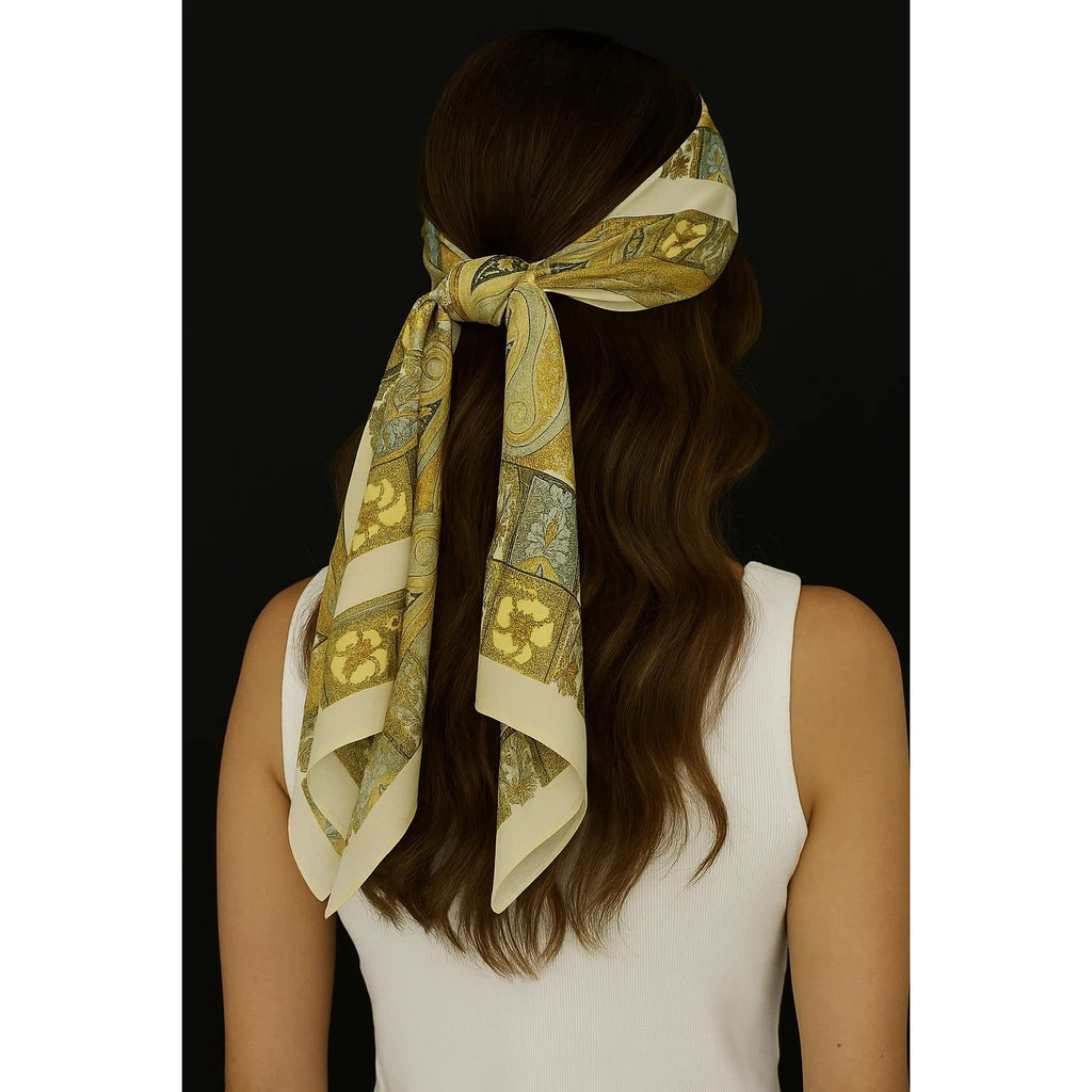 Luxury Paisley Floral Satin Scarf for Women – 27” Square Cream Gold Sage Green Polyester Satin Scarf, Elegant Boho Headscarf Neck Scarf