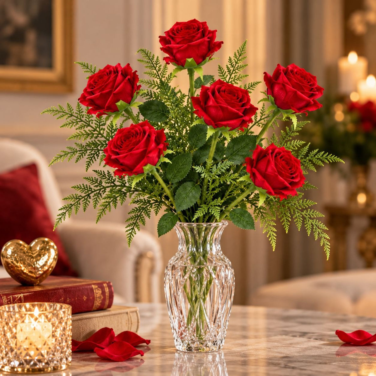 Red Velvet-Touch Artificial Roses, Set of 6, 19-Inch Wired Flower Stems