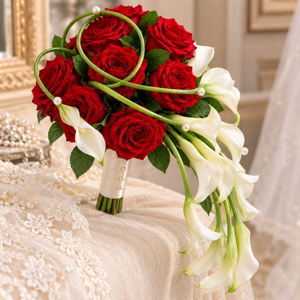 Red Velvet-Touch Artificial Roses, Set of 6, 19-Inch Wired Flower Stems
