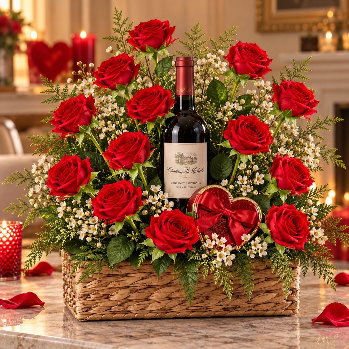 Red Velvet-Touch Artificial Roses, Set of 6, 19-Inch Wired Flower Stems