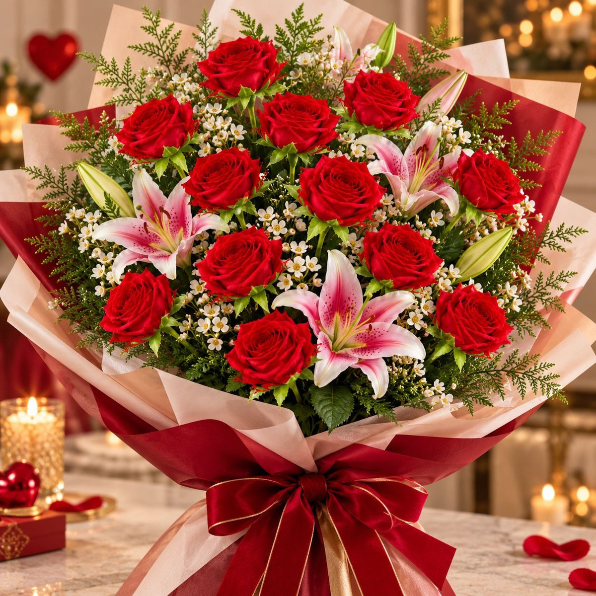 Red Velvet-Touch Artificial Roses, Set of 6, 19-Inch Wired Flower Stems