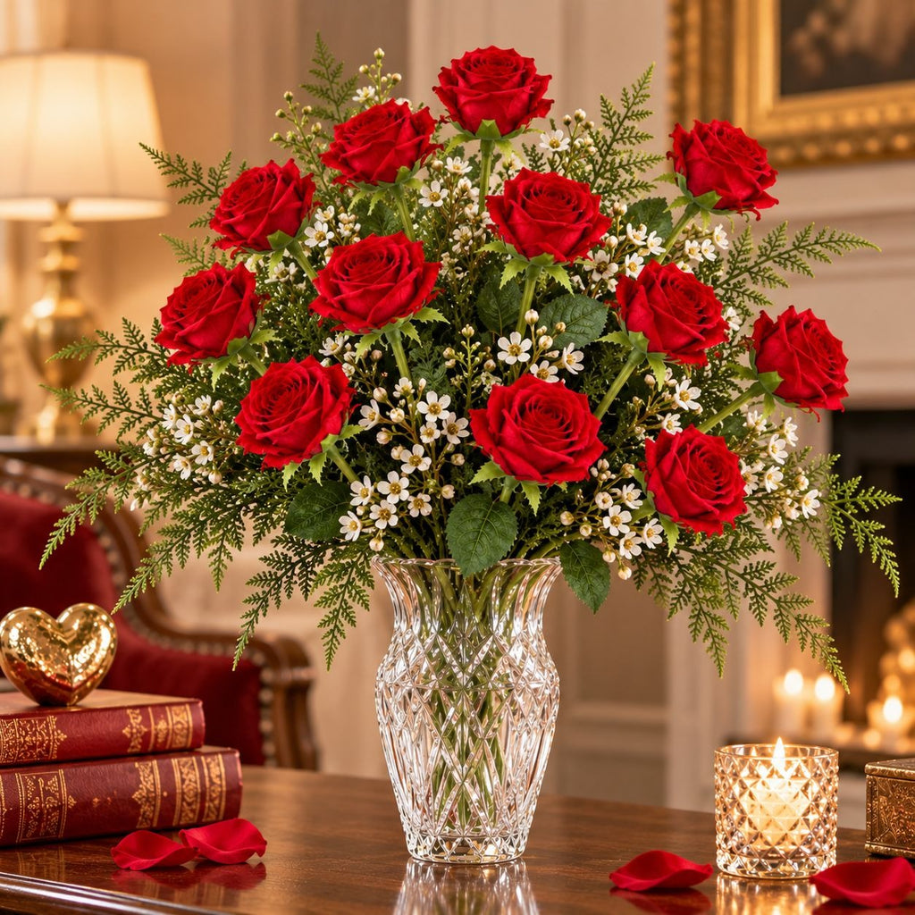 Red Velvet-Touch Artificial Roses, Set of 6, 19-Inch Wired Flower Stems