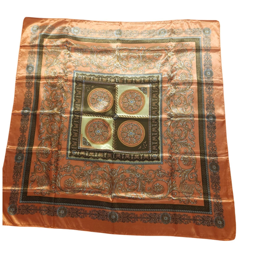 Luxury Square Satin Scarf With Ornate Floral Motif - Orange & Gold Border Design