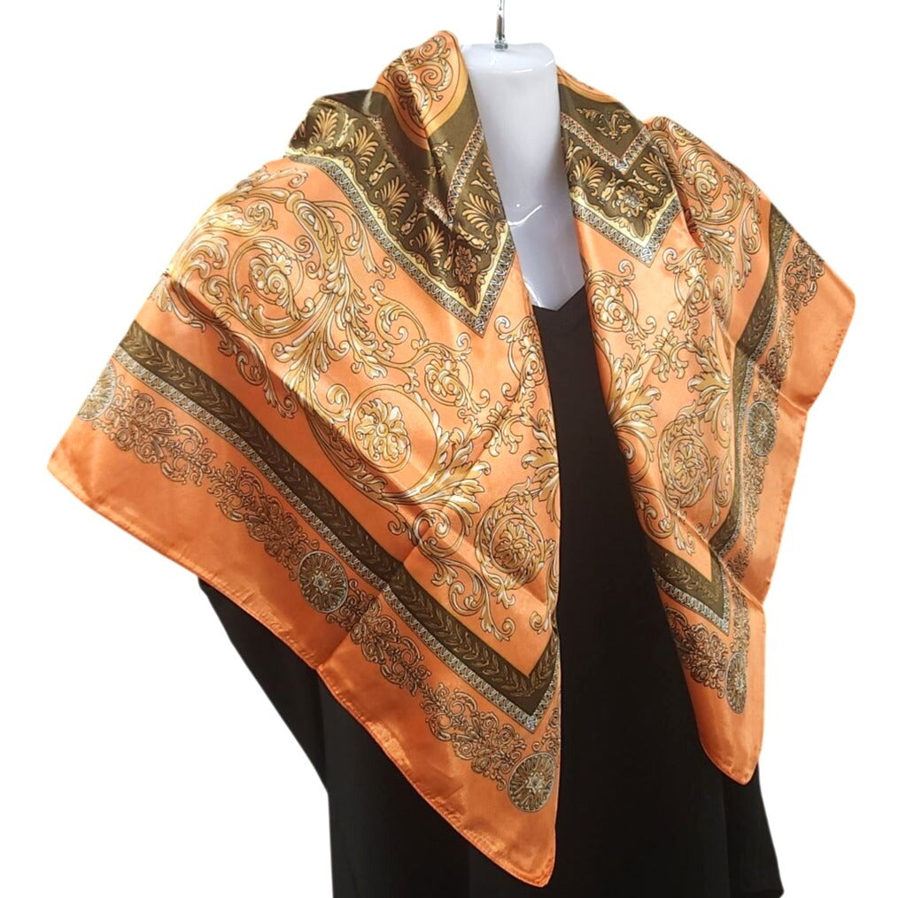 Luxury Square Satin Scarf With Ornate Floral Motif - Orange & Gold Border Design