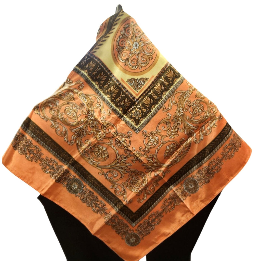 Luxury Square Satin Scarf With Ornate Floral Motif - Orange & Gold Border Design