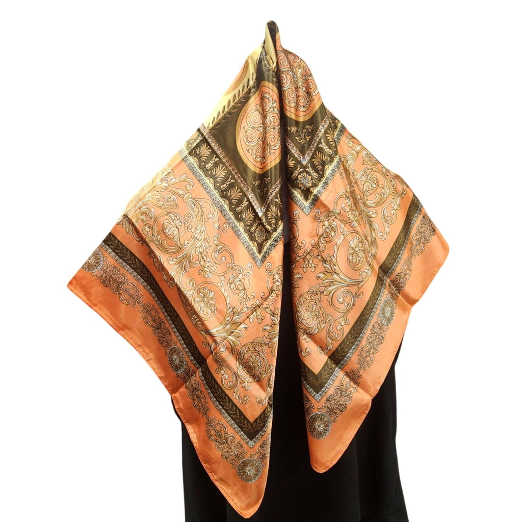 Luxury Square Satin Scarf With Ornate Floral Motif - Orange & Gold Border Design