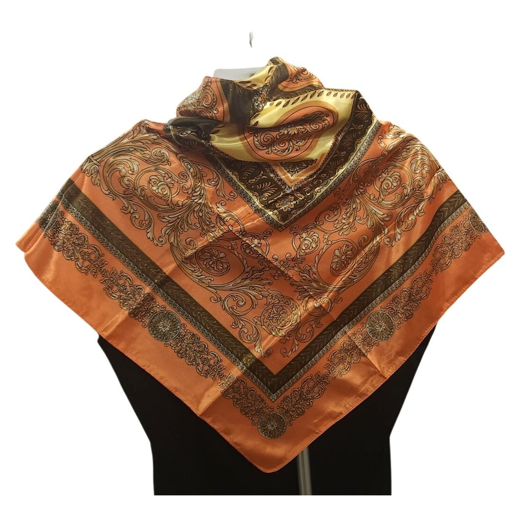 Luxury Square Satin Scarf With Ornate Floral Motif - Orange & Gold Border Design