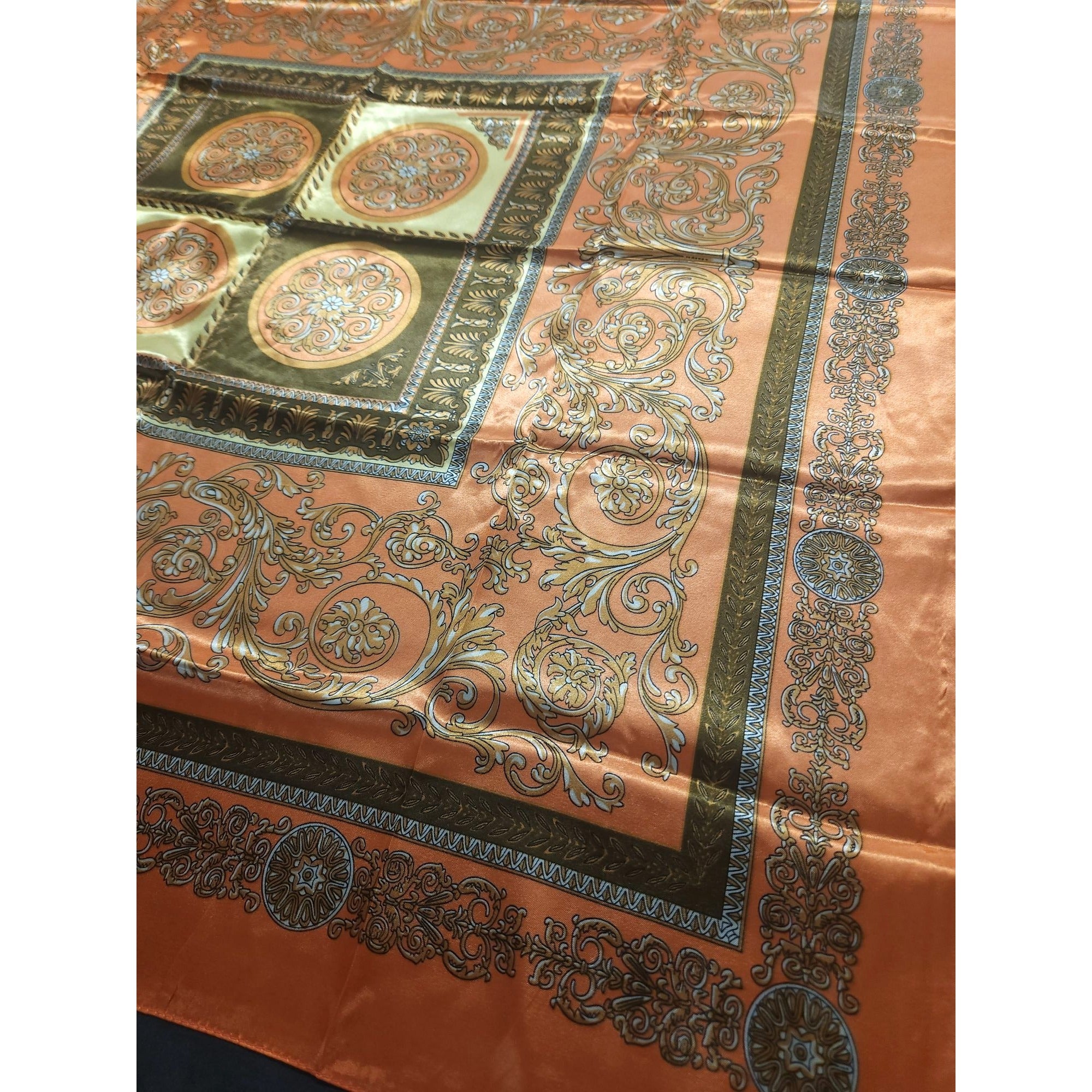 Luxury Square Satin Scarf With Ornate Floral Motif - Orange & Gold Border Design