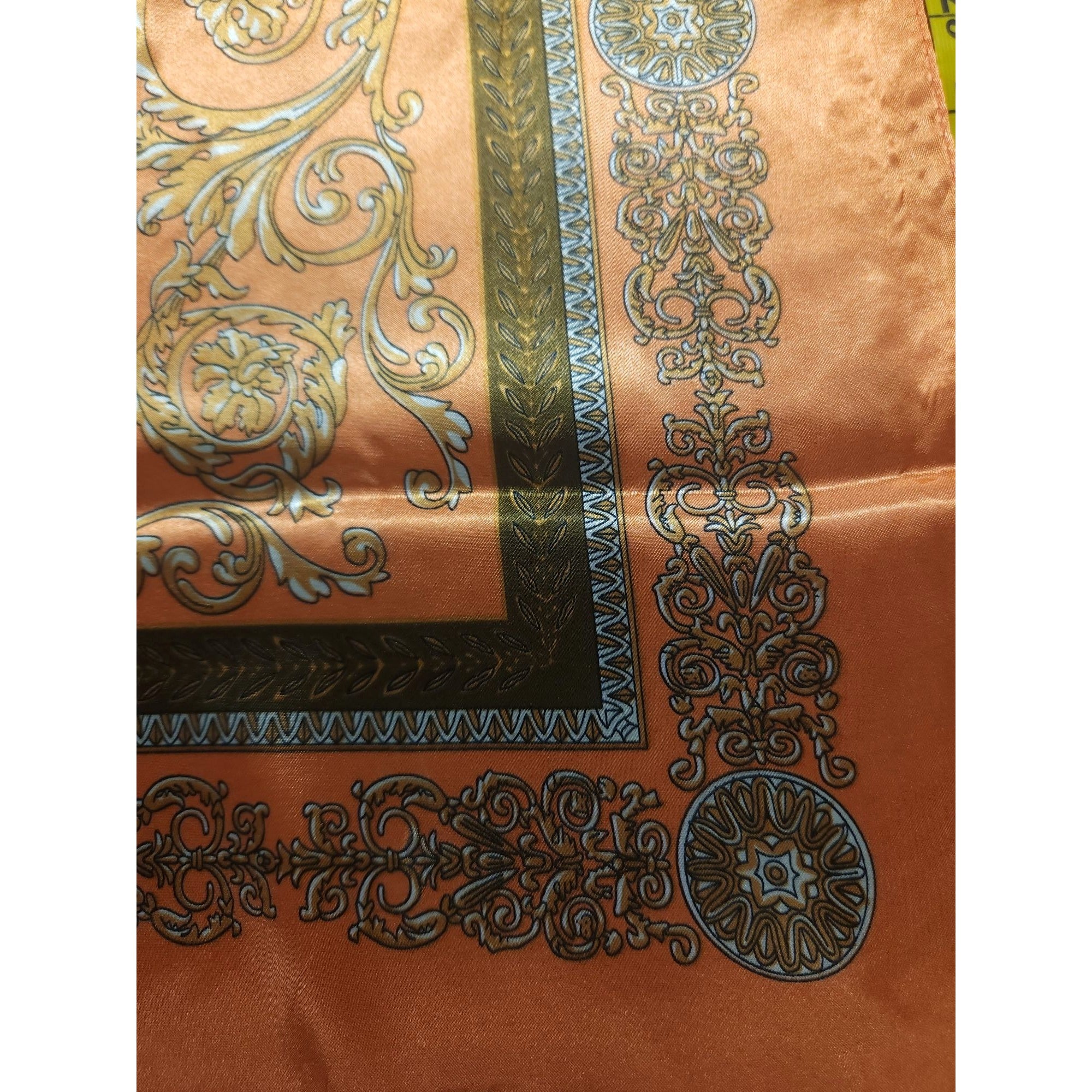 Luxury Square Satin Scarf With Ornate Floral Motif - Orange & Gold Border Design