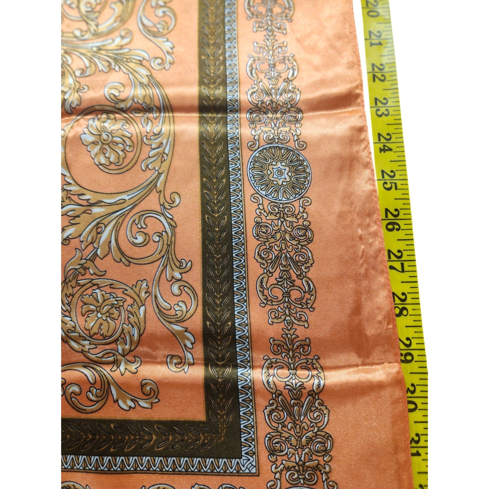 Luxury Square Satin Scarf With Ornate Floral Motif - Orange & Gold Border Design