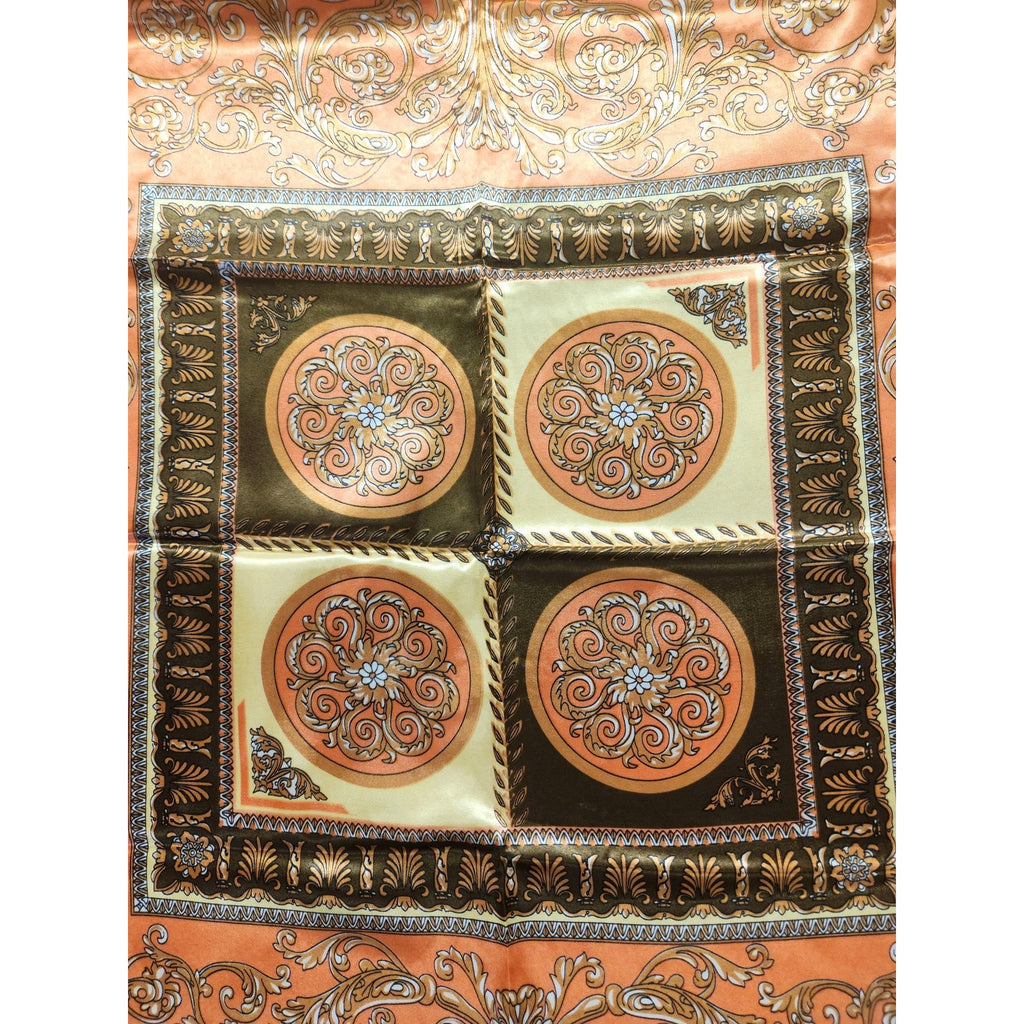 Luxury Square Satin Scarf With Ornate Floral Motif - Orange & Gold Border Design