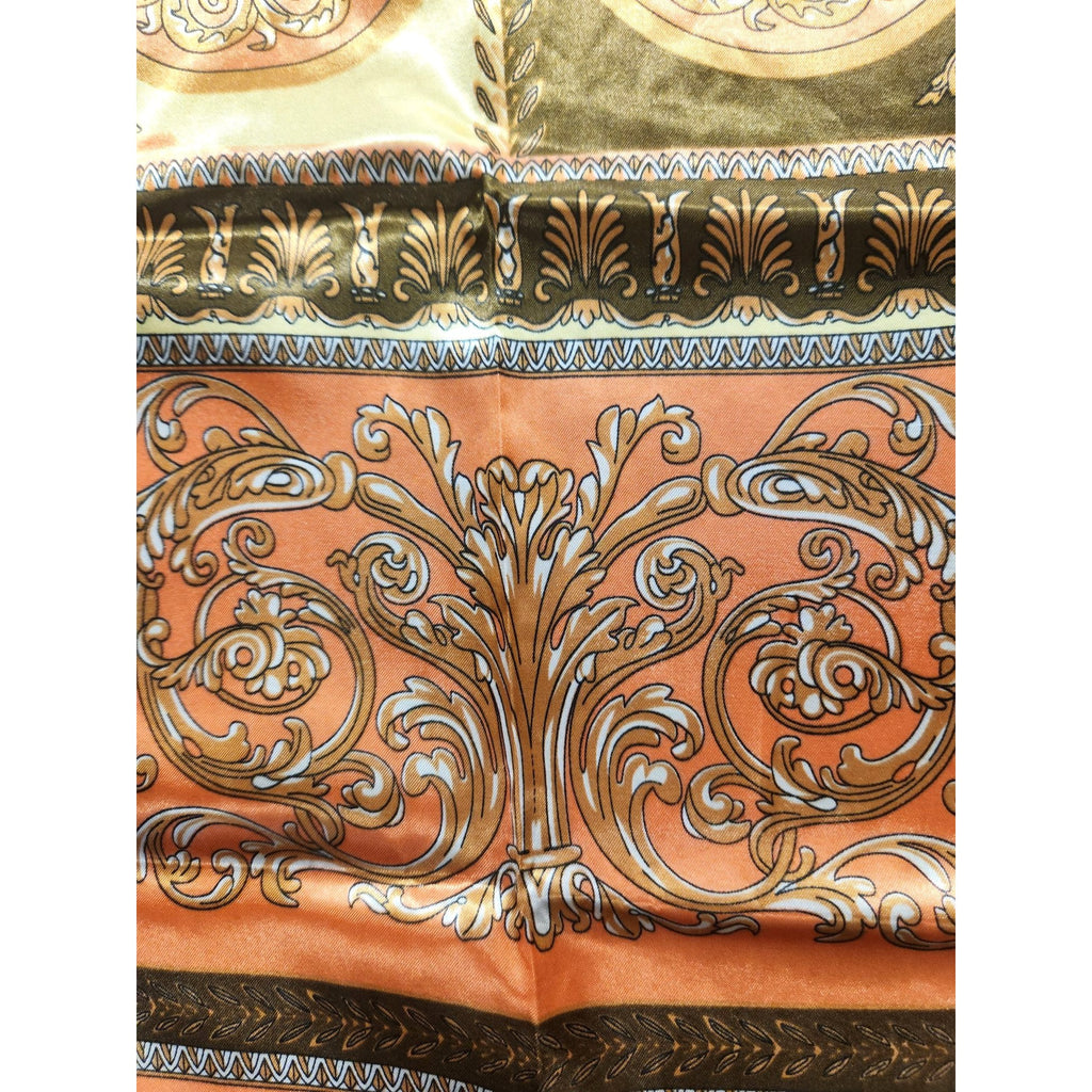 Luxury Square Satin Scarf With Ornate Floral Motif - Orange & Gold Border Design