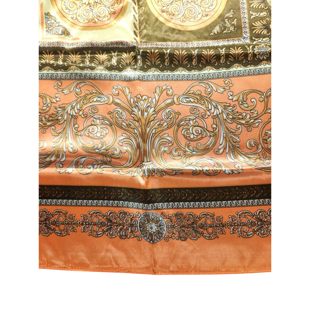 Luxury Square Satin Scarf With Ornate Floral Motif - Orange & Gold Border Design