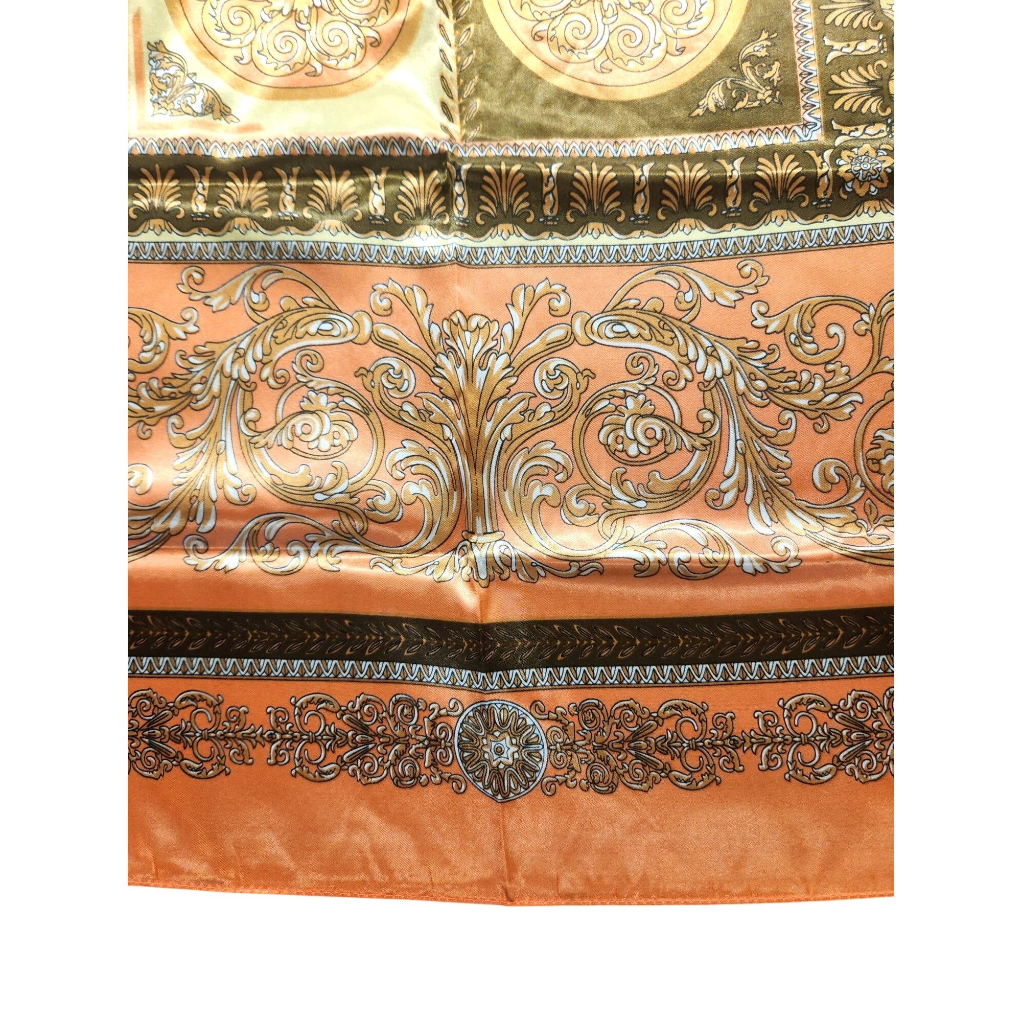 Luxury Square Satin Scarf With Ornate Floral Motif - Orange & Gold Border Design