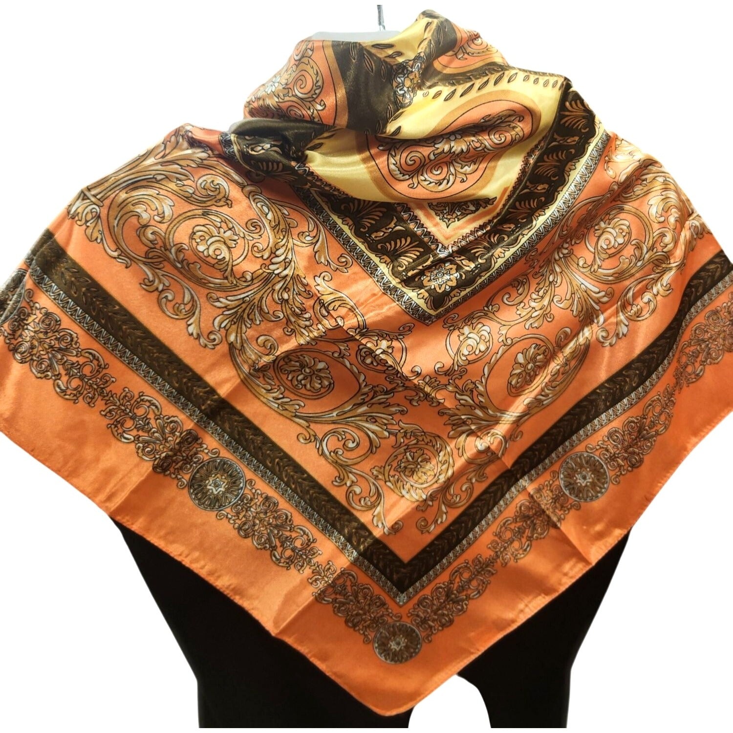 Luxury Square Satin Scarf With Ornate Floral Motif - Orange & Gold Border Design