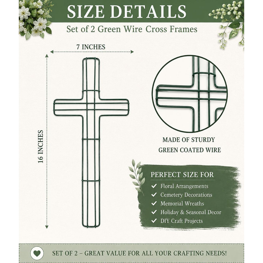 Green Wire Floral Wreath Cross Frames Set of 2 Small 7x16 Memorial Day Easter Christmas Craft Forms