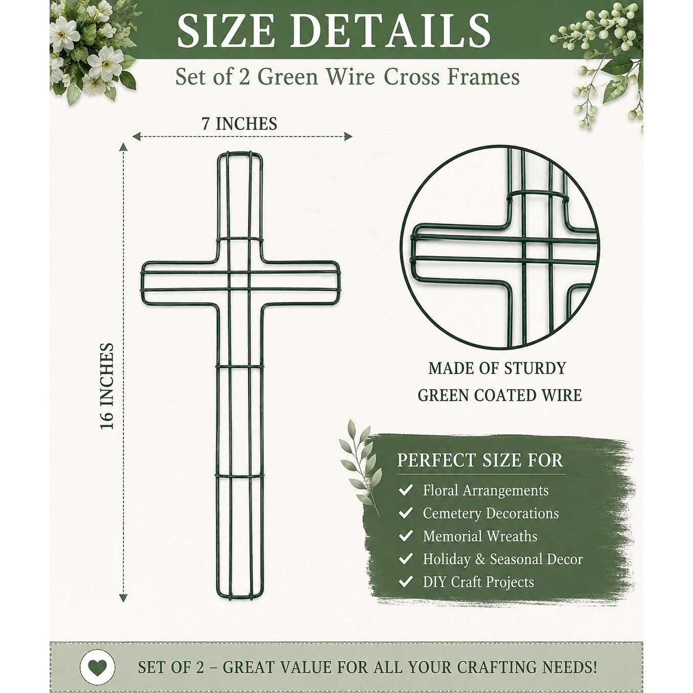 Green Wire Floral Wreath Cross Frames Set of 2 Small 7x16 Memorial Day Easter Christmas Craft Forms