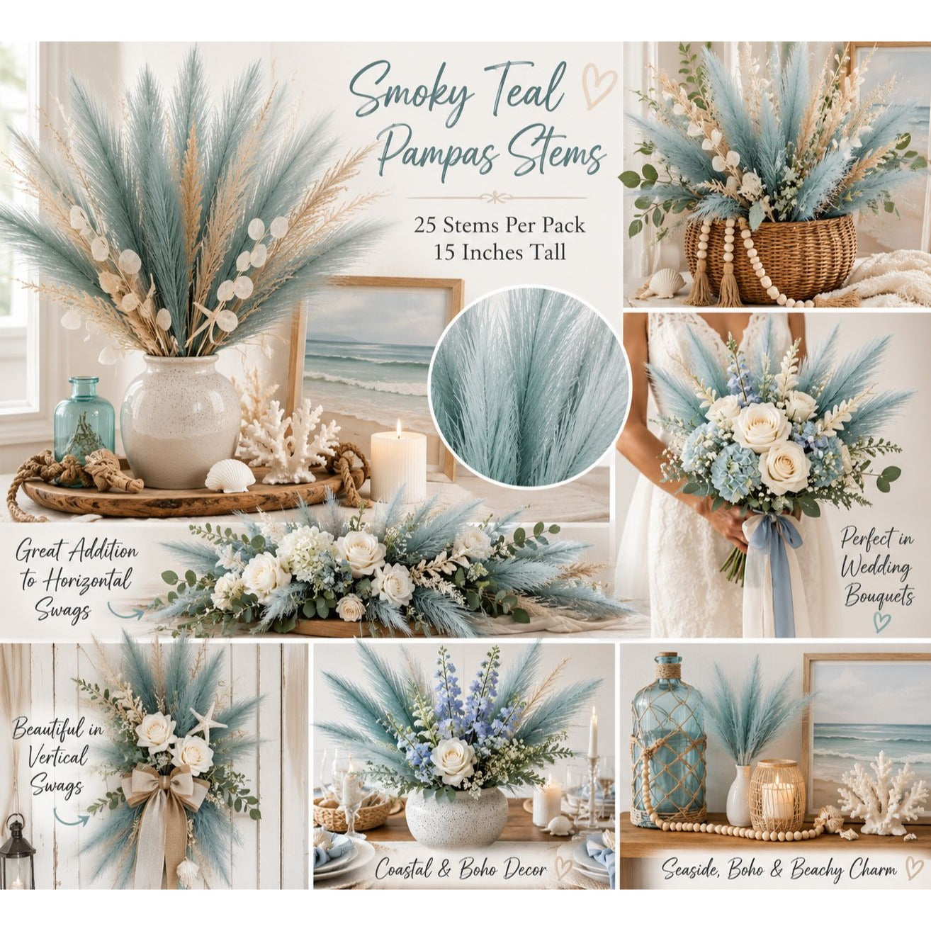 Smoky Teal Faux Pampas Grass Stems Blue Pampas Coastal Boho Wedding Decor Artificial Pampas 15 Inch Set of 25
