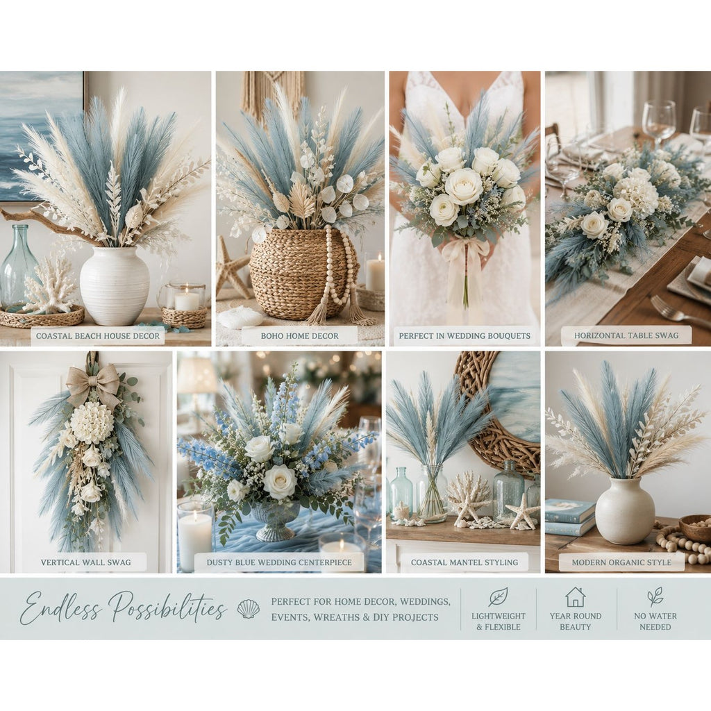 Smoky Teal Faux Pampas Grass Stems Blue Pampas Coastal Boho Wedding Decor Artificial Pampas 15 Inch Set of 25