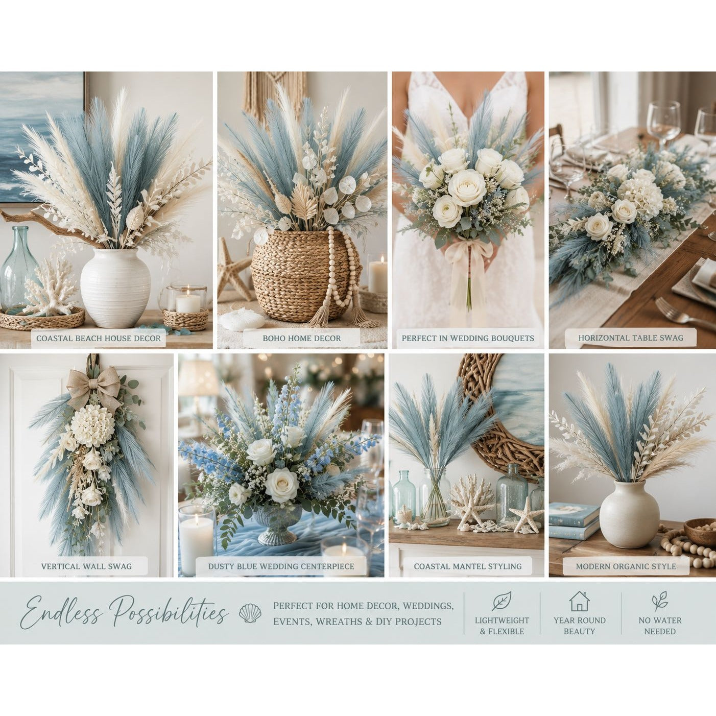 Smoky Teal Faux Pampas Grass Stems Blue Pampas Coastal Boho Wedding Decor Artificial Pampas 15 Inch Set of 25